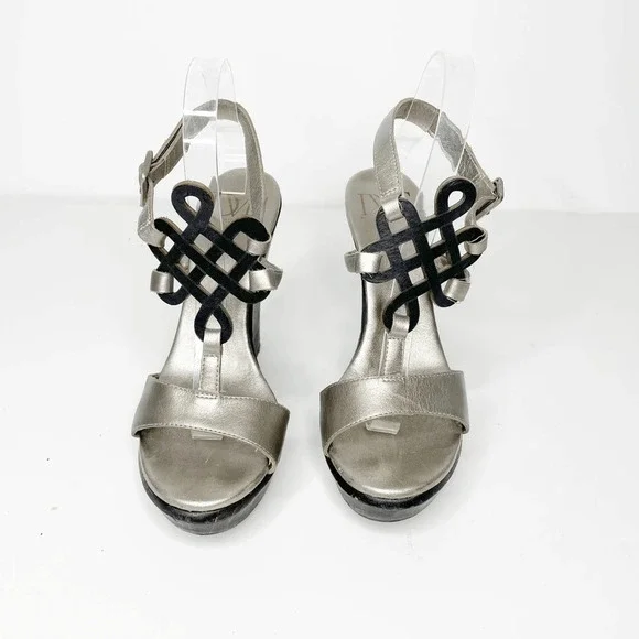 Diane Von Furstenberg DVF odette pewter metallic vacchetta wedge US 8.5 womens - Picture 2 of 8